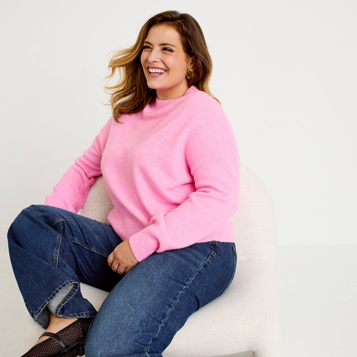 Pull col rond rose femme