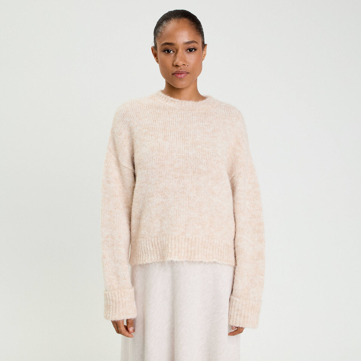 Pull col rond beige femme