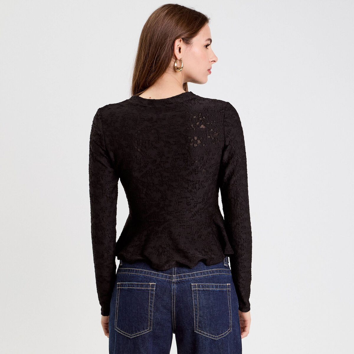Blouse ajust&eacute;e col rond manches longues noir femme