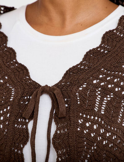 Gilet ajour&eacute; nou&eacute; marron fonc&eacute; femme
