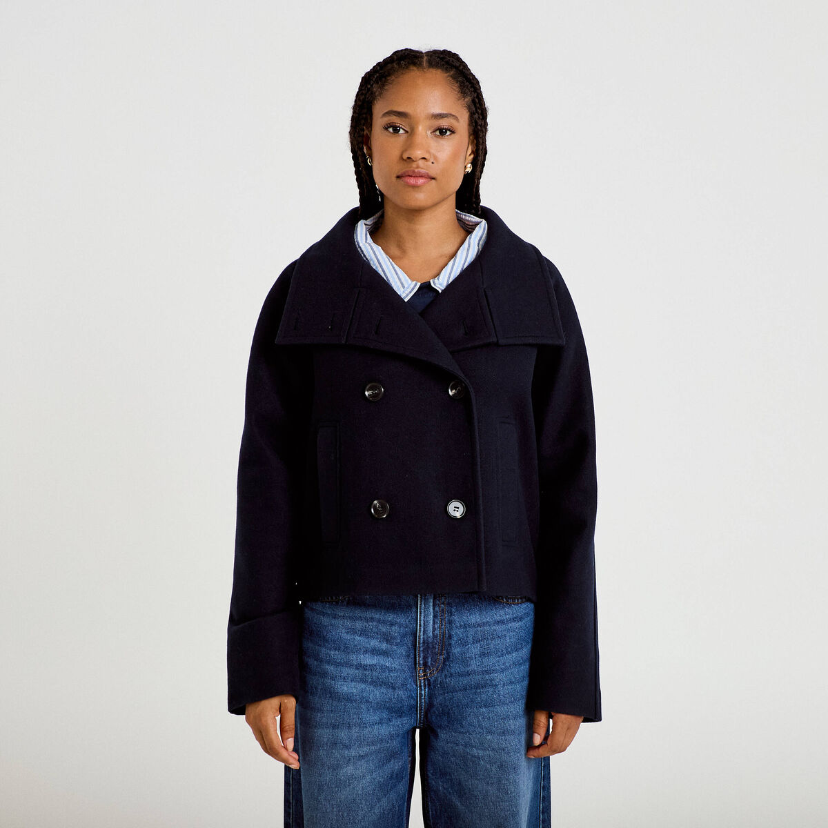 Veste chin&eacute;e col montant manches longues bleu marine femme