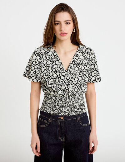 Blouse cintr&eacute;e cropped manches courtes noir femme