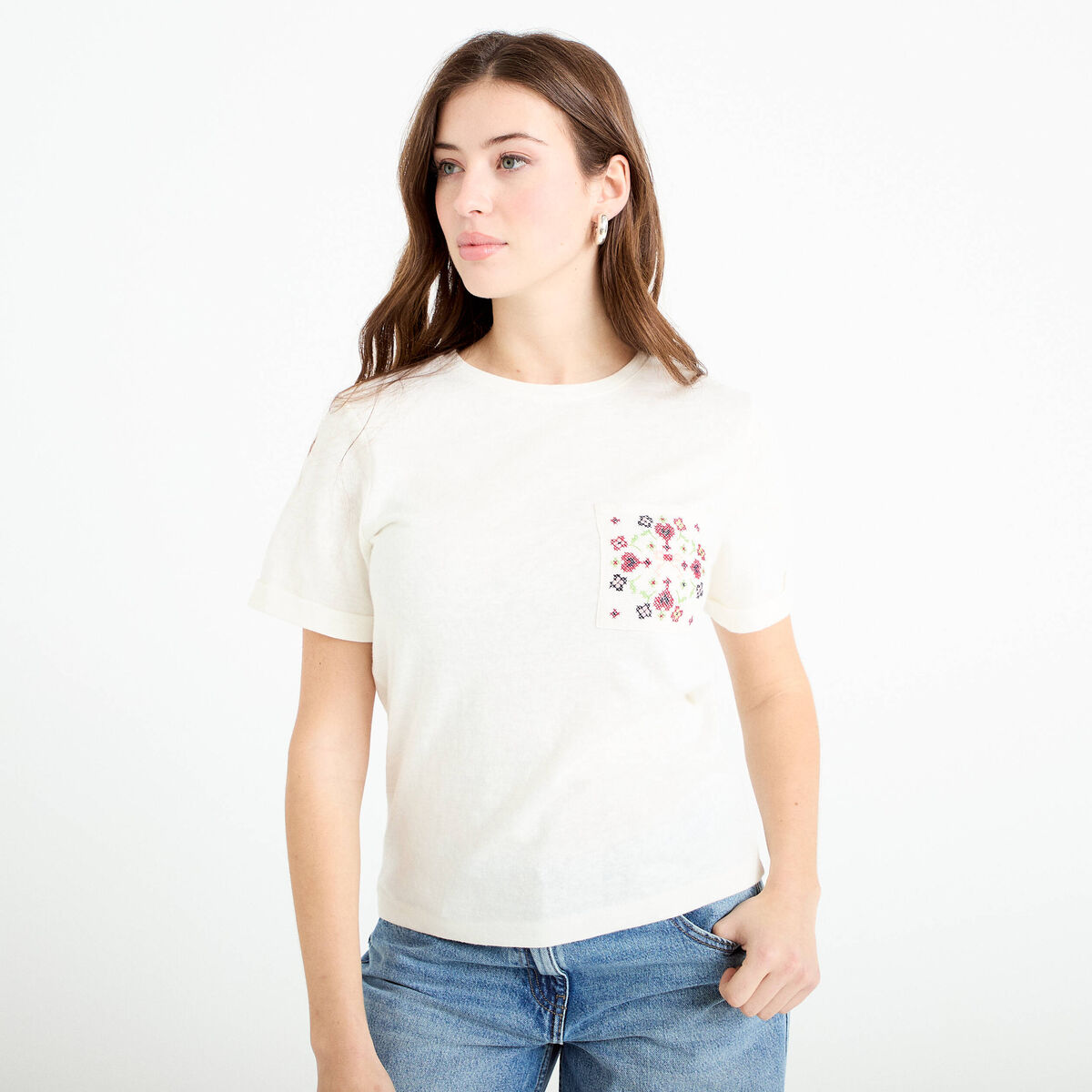 T-shirt col rond manches courtes ecru femme