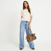 Pull col rond manches courtes brod&eacute; ecru femme