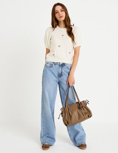 Pull col rond manches courtes brod&eacute; ecru femme