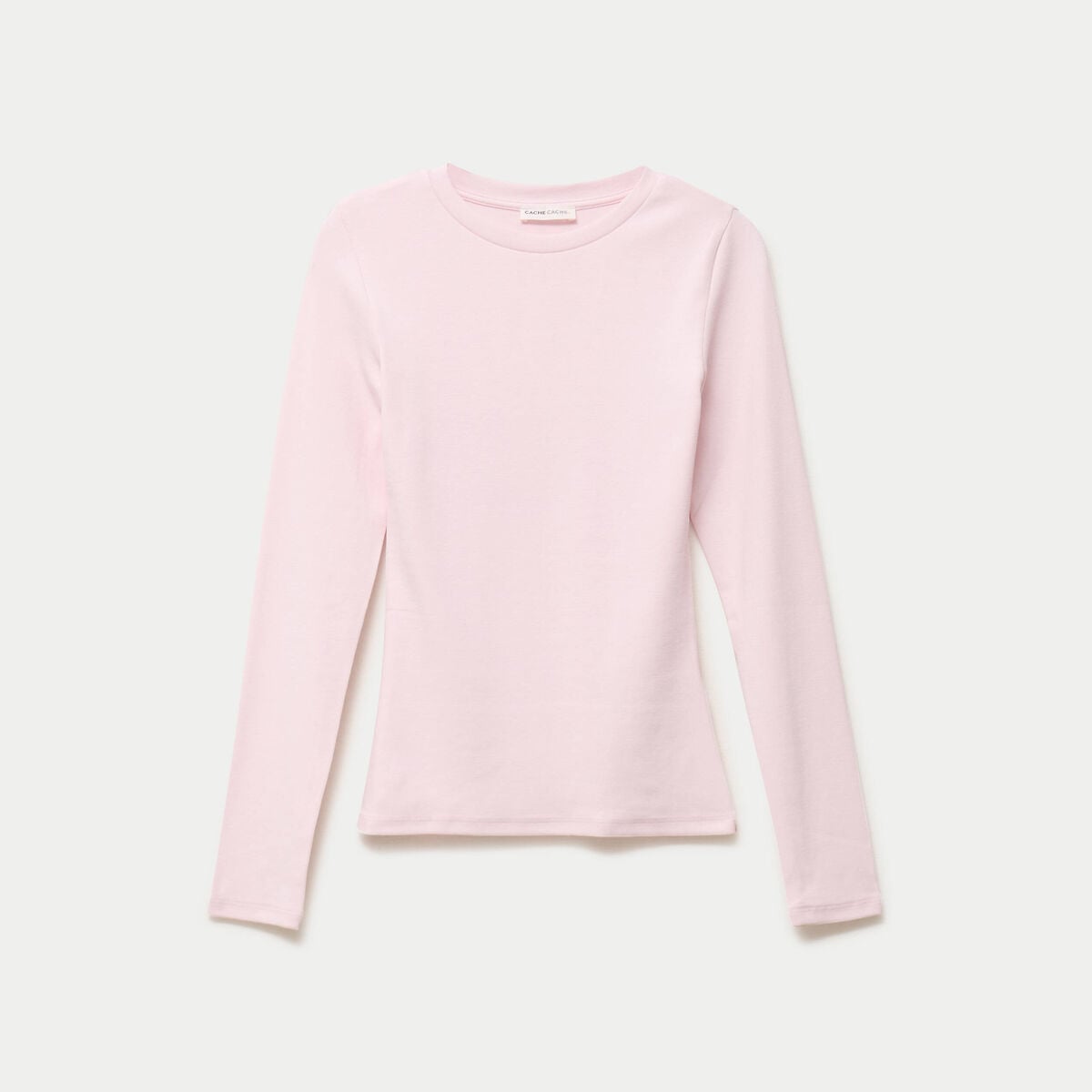 T-shirt cintr&eacute; col rond manches longues rose clair femme