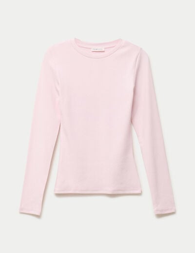 T-shirt cintr&eacute; col rond manches longues rose clair femme