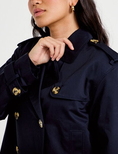 Trench droit court col tailleur bleu marine femme