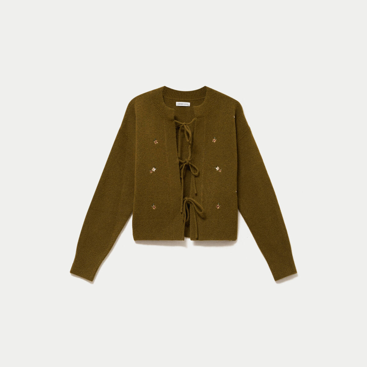 Gilet manches longues brod&eacute; noeuds vert olive femme