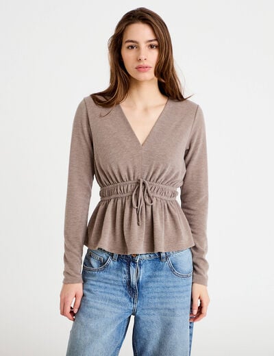 Blouse cintr&eacute;e col v manches longues beige femme