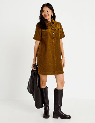 Robe courte droite en velours coton vert olive femme