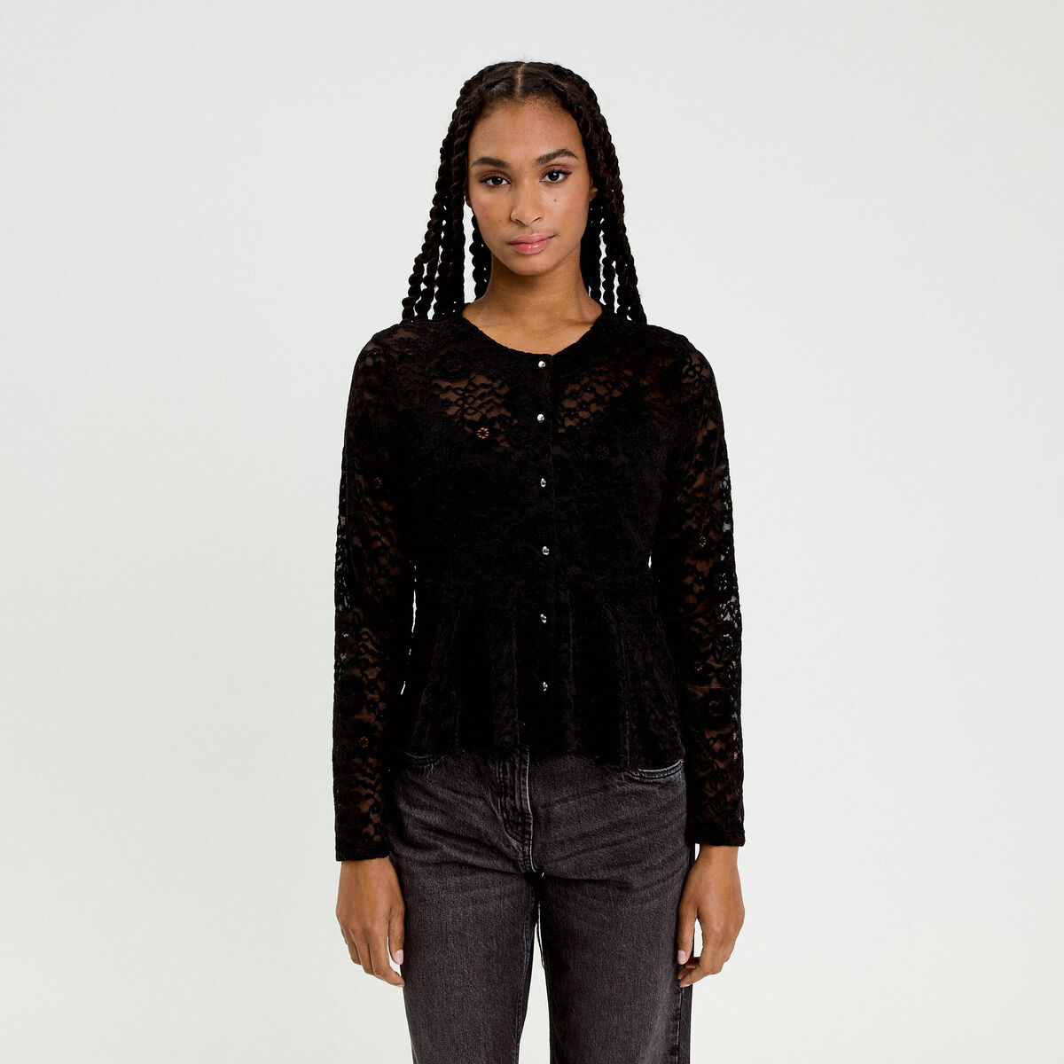 Blouse p&eacute;plum dentelle noir femme