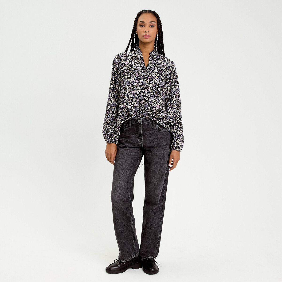 Blouse droite courte manches longues noir femme
