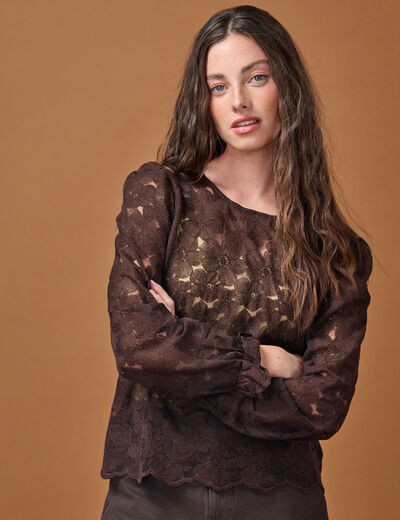Blouse droite col v en dentelle marron fonc&eacute; femme