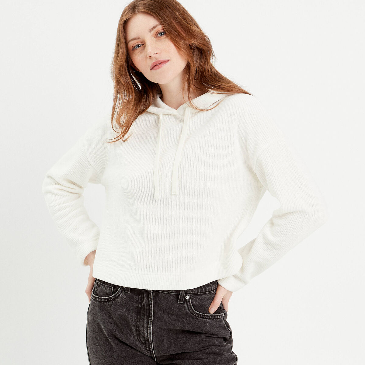 Sweat &agrave; capuche ecru femme