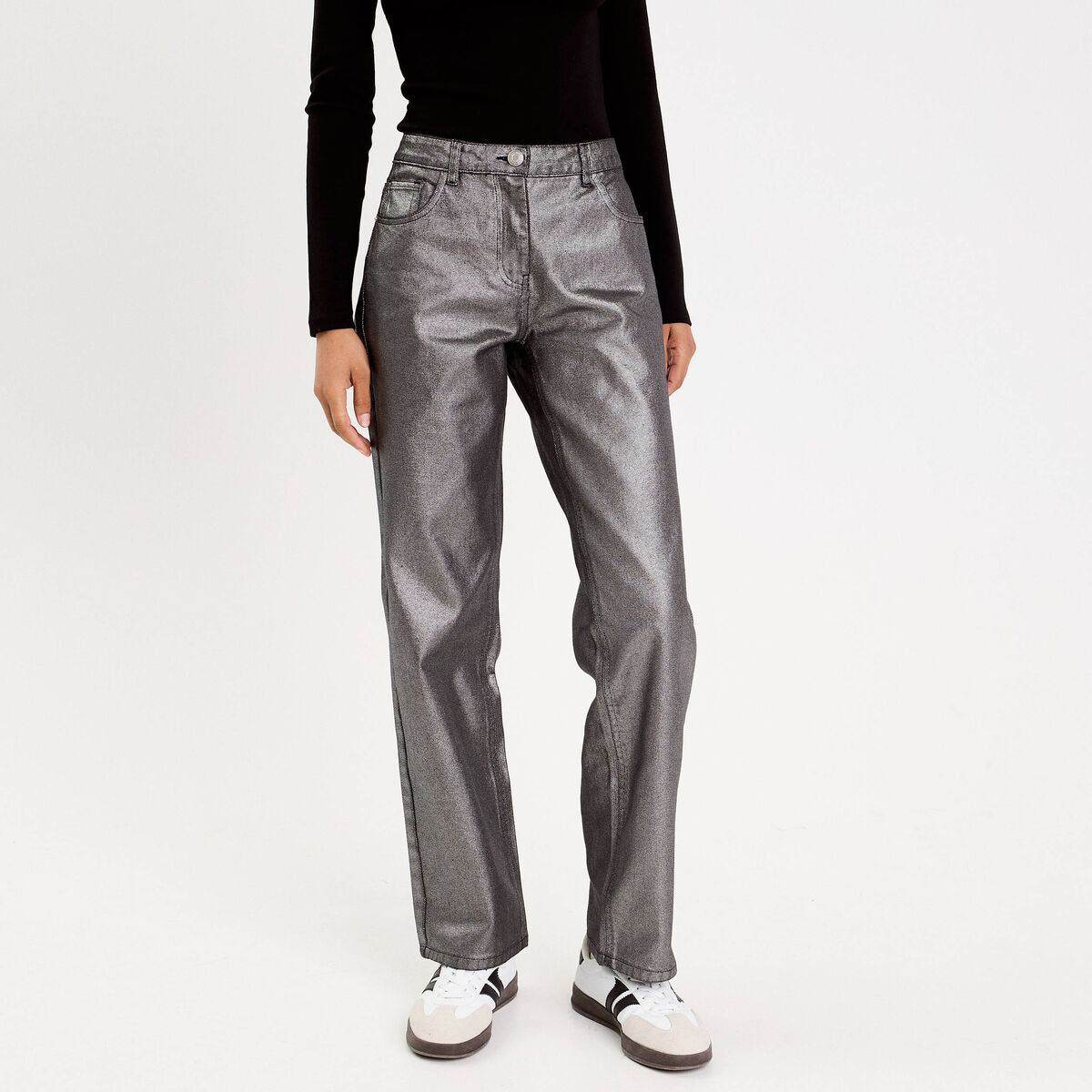 Pantalon droit en coton enduit gris argent femme