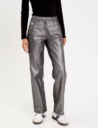 Pantalon droit en coton enduit gris argent femme