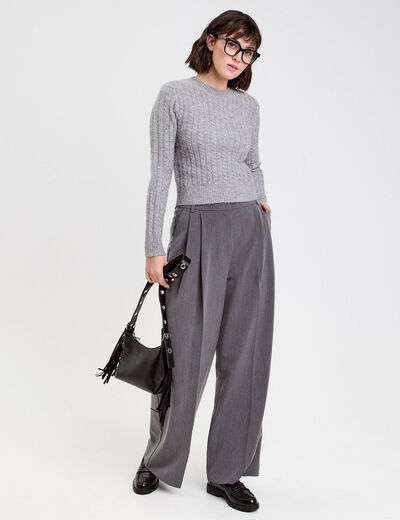 Pull ajust&eacute; col rond manches longues gris fonc&eacute; femme
