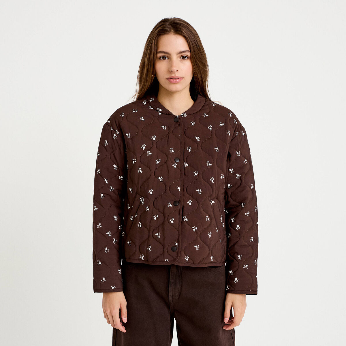 Veste droite manches longues marron fonc&eacute; femme