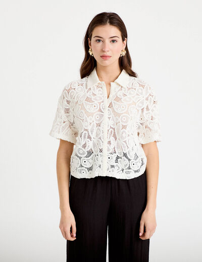 Chemise macram&eacute; manches courtes ecru femme