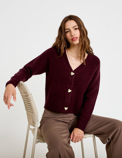 Gilet boutons coeur prune femme