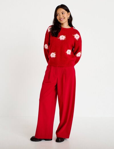 Pull ample col rond manches longues rouge femme