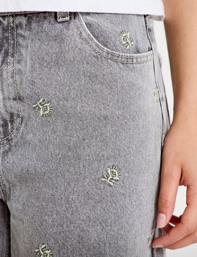 Jean wide leg taille haute brod&eacute; denim gris femme