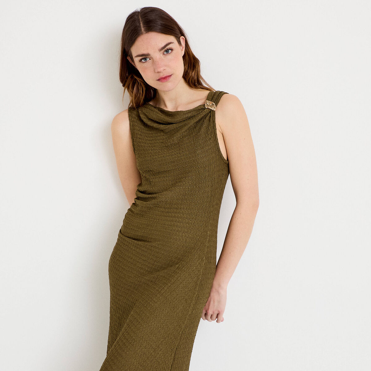 Robe midi droite sans manches en maille vert kaki femme