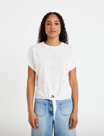 T-shirt col rond manches courtes noeuds ecru femme