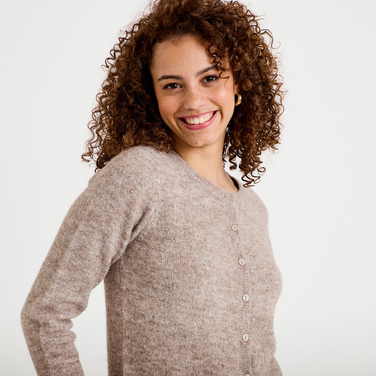 Gilet col rond manches longues taupe femme