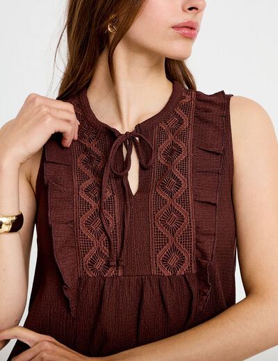 Blouse sans manches col v marron femme