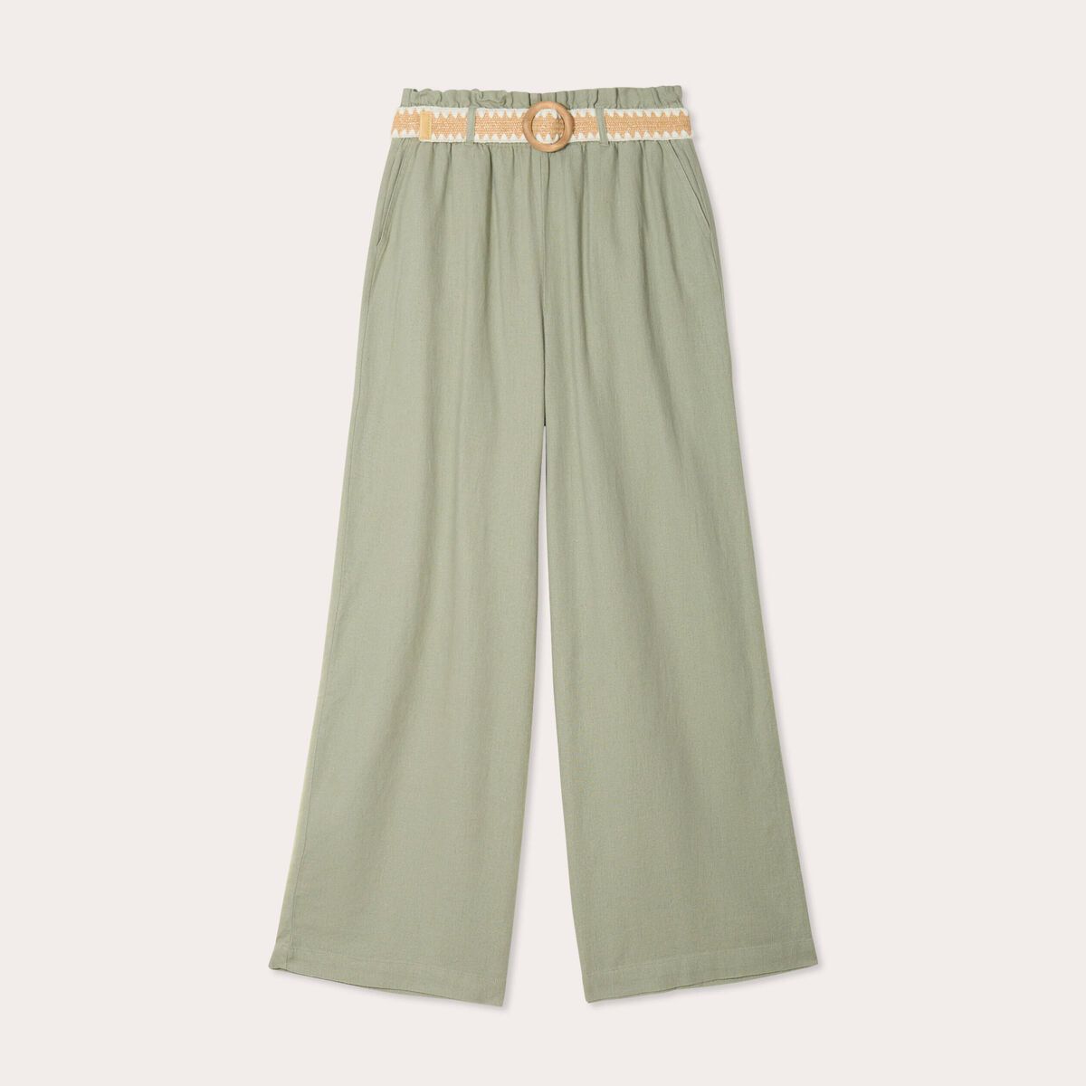 Pantalon large ceintur&eacute; contenant du lin vert kaki femme