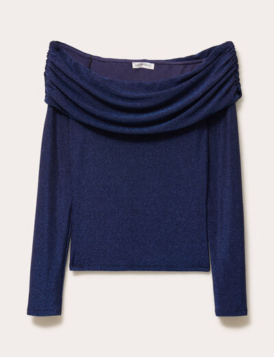 T-shirt col bardot brillant bleu fonc&eacute; femme