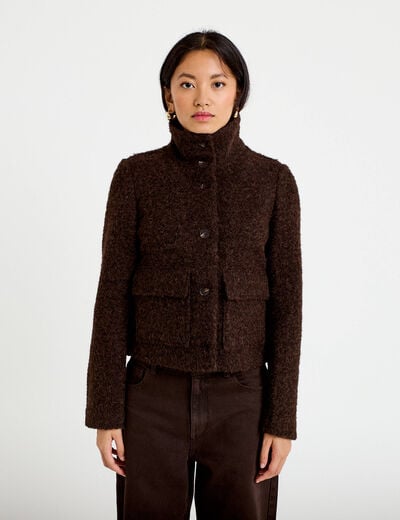 Veste droite bouclette col montant marron fonc&eacute; femme