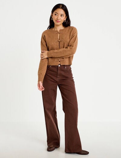 Gilet col rond manches longues avec lien camel femme