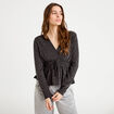 Blouse cintr&eacute;e col v manches longues gris fonc&eacute; femme