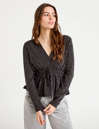 Blouse cintr&eacute;e col v manches longues gris fonc&eacute; femme