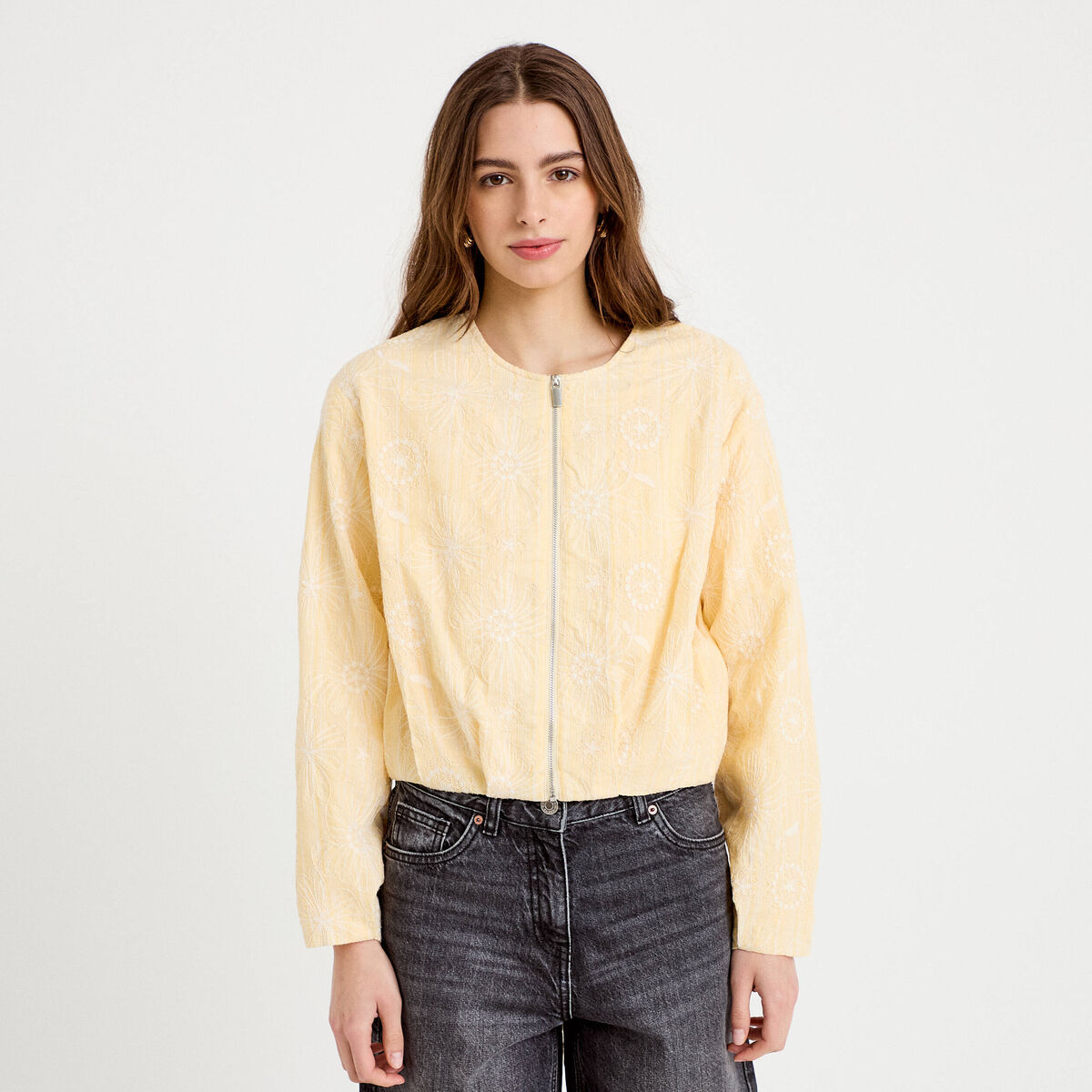 Veste cropped bas resserr&eacute; jaune clair femme
