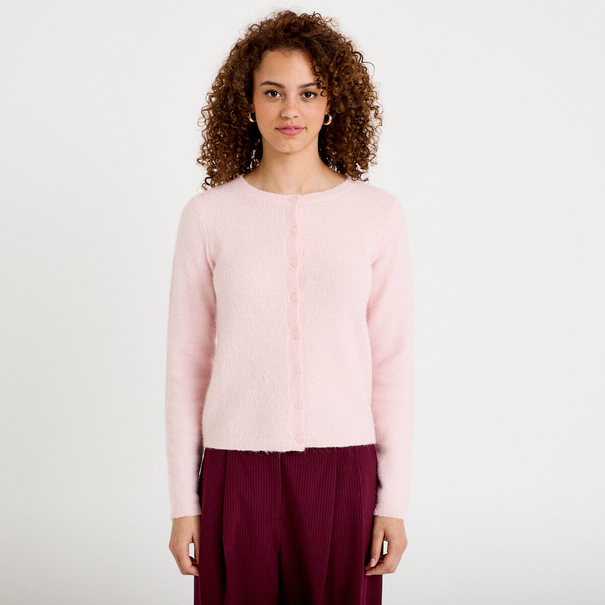 Gilet col rond manches longues rose clair femme
