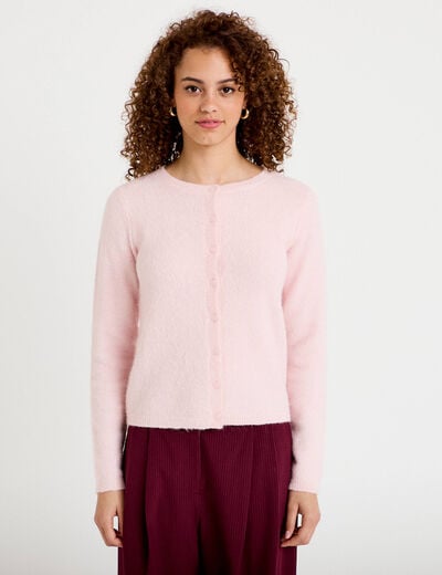 Gilet col rond manches longues rose clair femme