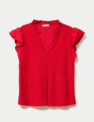 Blouse ajour&eacute;e col v manches courtes rouge femme