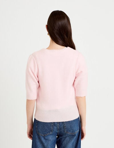 Gilet duveteux col v manches longues rose clair femme