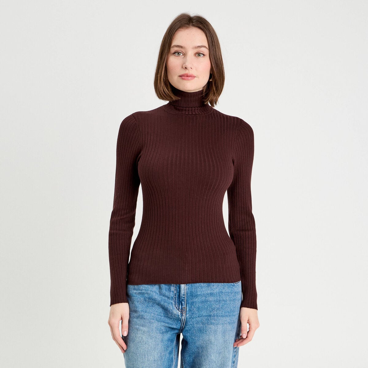 Pull c&ocirc;tel&eacute; col roul&eacute; marron fonc&eacute; femme