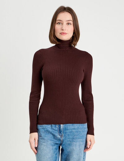 Pull c&ocirc;tel&eacute; col roul&eacute; marron fonc&eacute; femme