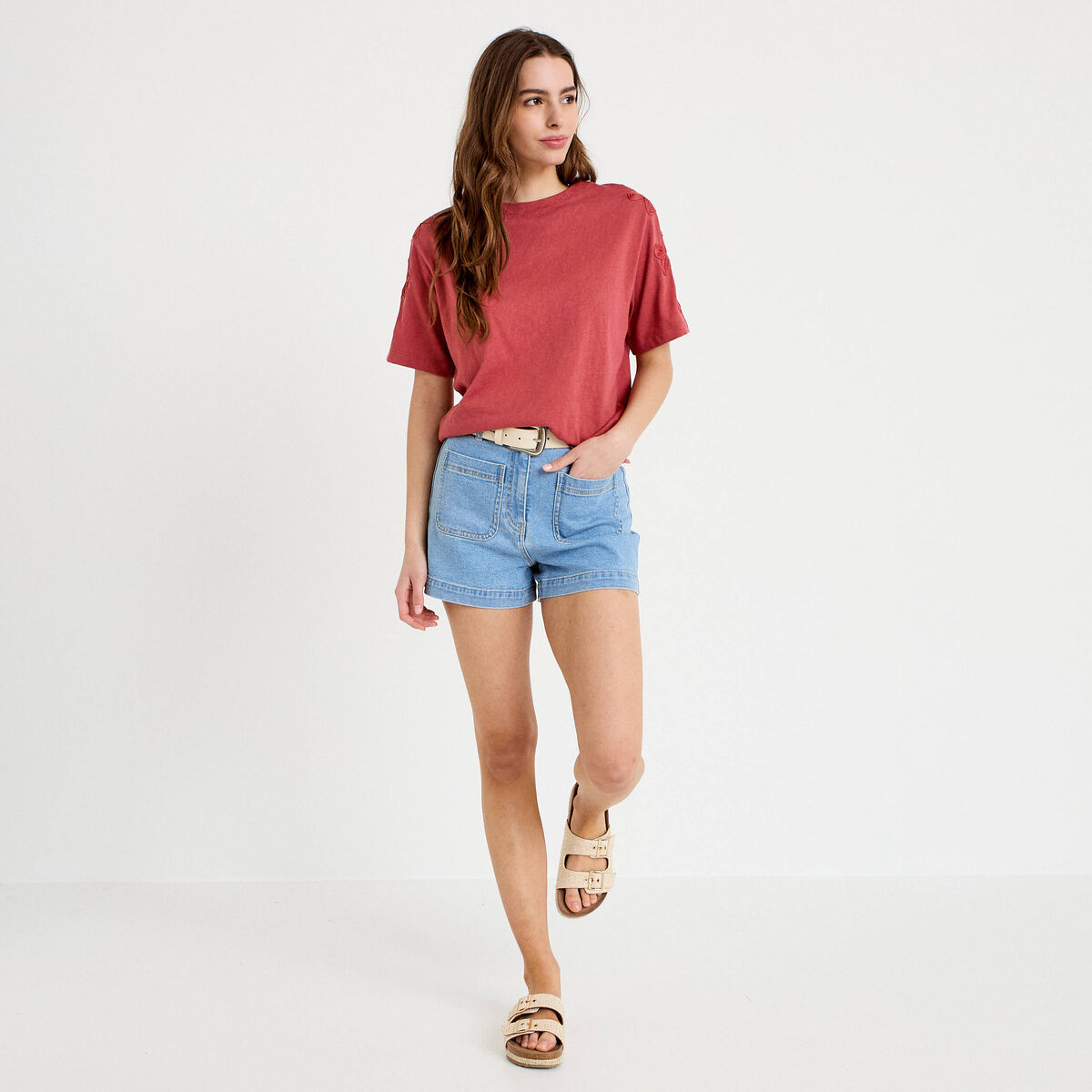 T-shirt col rond manches courtes brod&eacute; vieux rose femme