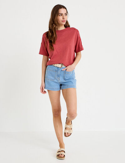 T-shirt col rond manches courtes brod&eacute; vieux rose femme