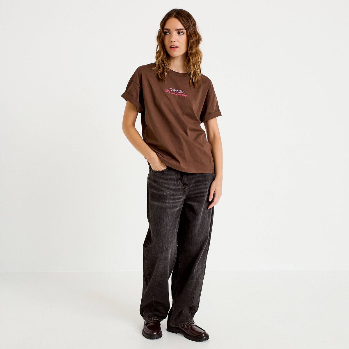 T-shirt oversize manches courtes marron fonc&eacute; femme