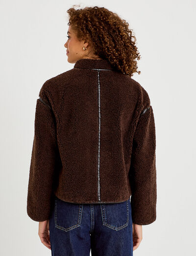 Veste effet polaire manches longues marron fonc&eacute; femme