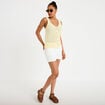 D&eacute;bardeur ajour&eacute; aspect dentelle col v jaune pastel femme