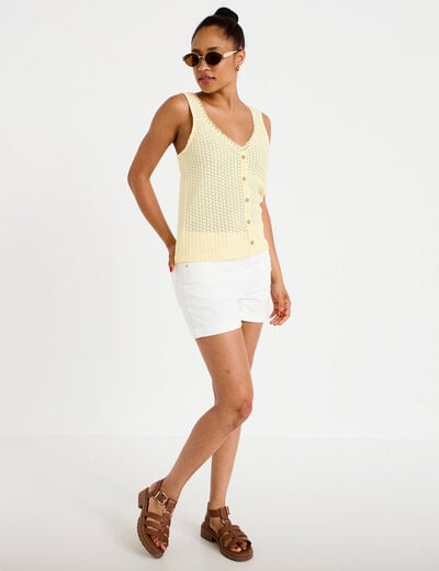 D&eacute;bardeur ajour&eacute; aspect dentelle col v jaune pastel femme